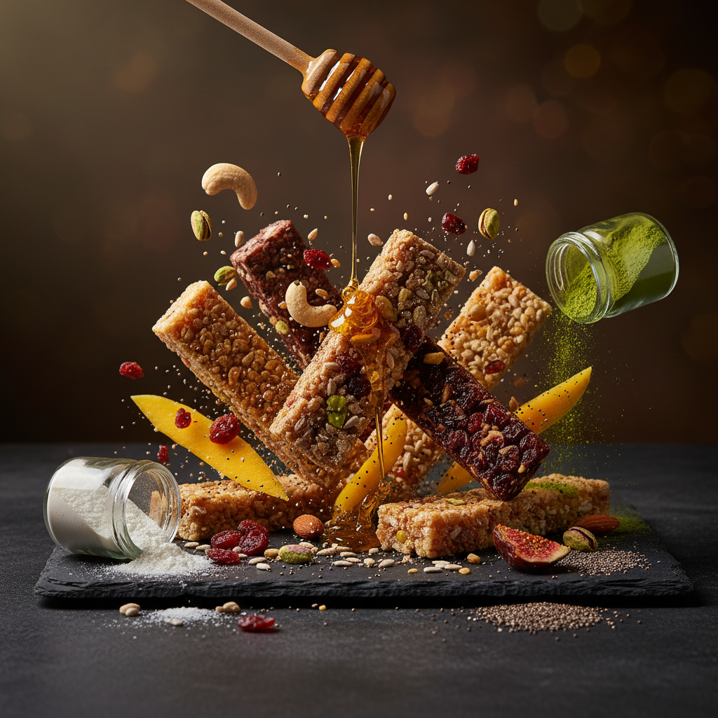 barritas de cereales, proteinas y frutas crudas